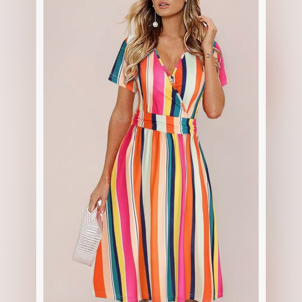 Multicolor Striped V-Neck Dress. Like New.